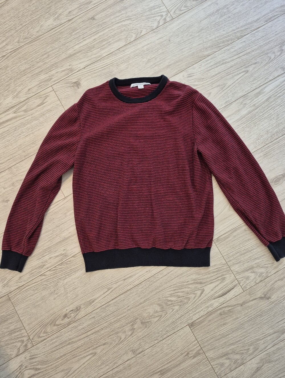 Amazon Essentials Men's Red and Black Striped Crewneck Sweater